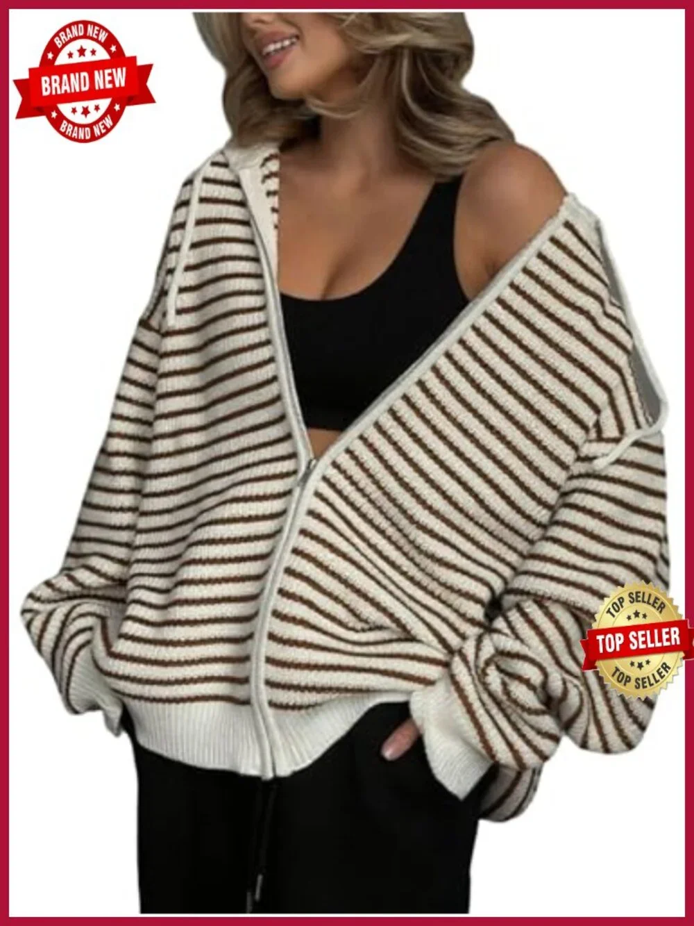 Oversized Knit Zip Up Hoodie Women 2025 Fall Sweatshirt Contrast Striped Drop